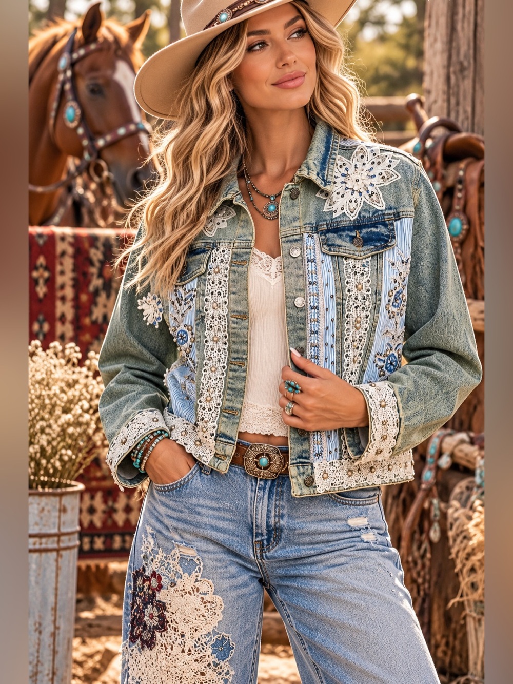 POL denim beaded embroidered boho western lace patchwork floral jean jacket